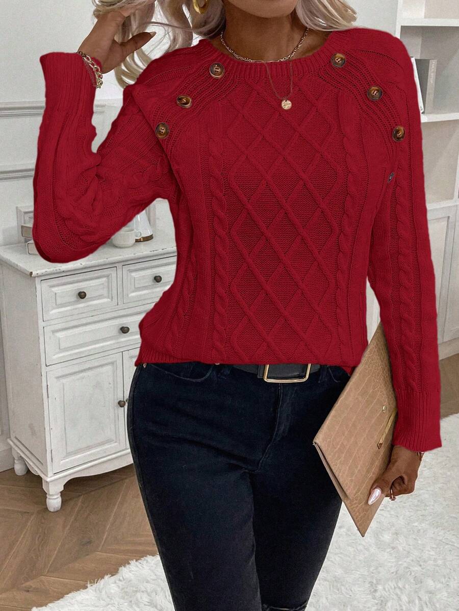 Crew Neck Button Detail Cable Knit Sweater 17