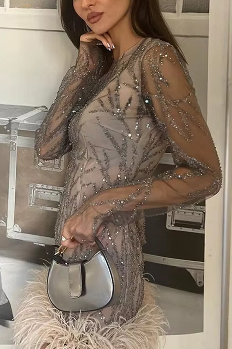 Sheer Sequin Long Sleeve Feather Trim Bodycon Mini Dress 3