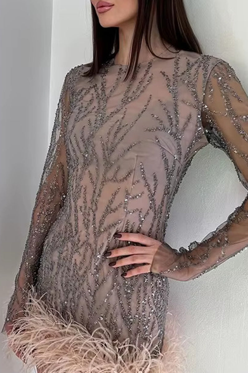 Sheer Sequin Long Sleeve Feather Trim Bodycon Mini Dress 5