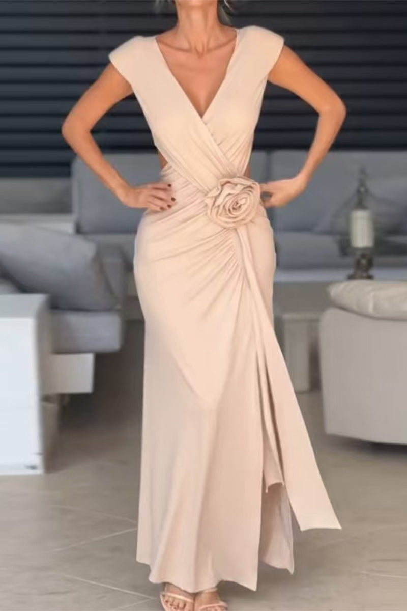 Deep V-Neck Cap Sleeve Ruched Rosette High Split Mermaid Gown - View 2