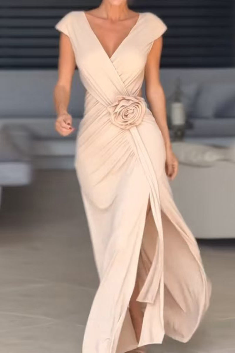 Deep V-Neck Cap Sleeve Ruched Rosette High Split Mermaid Gown - View 3