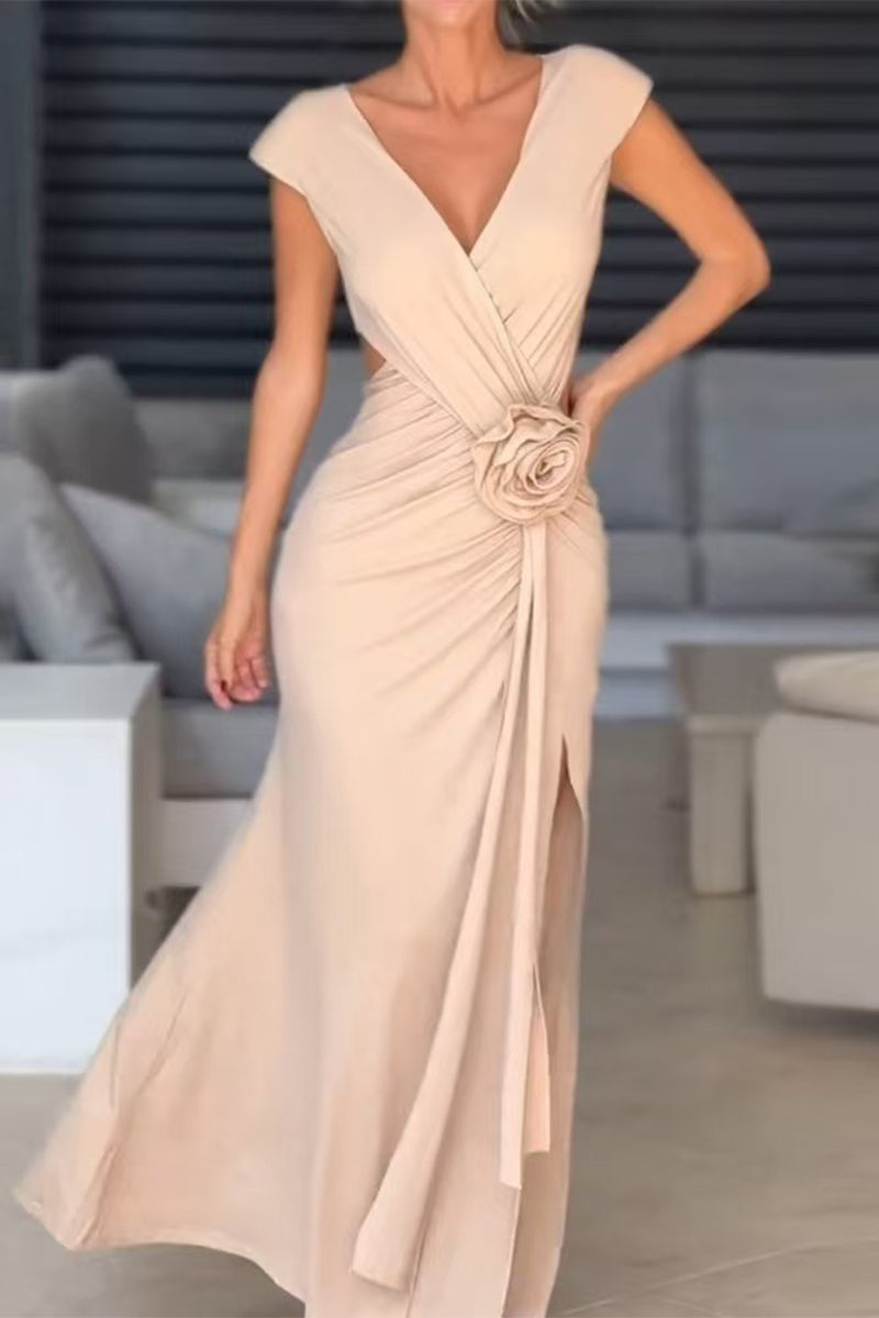 Deep V-Neck Cap Sleeve Ruched Rosette High Split Mermaid Gown