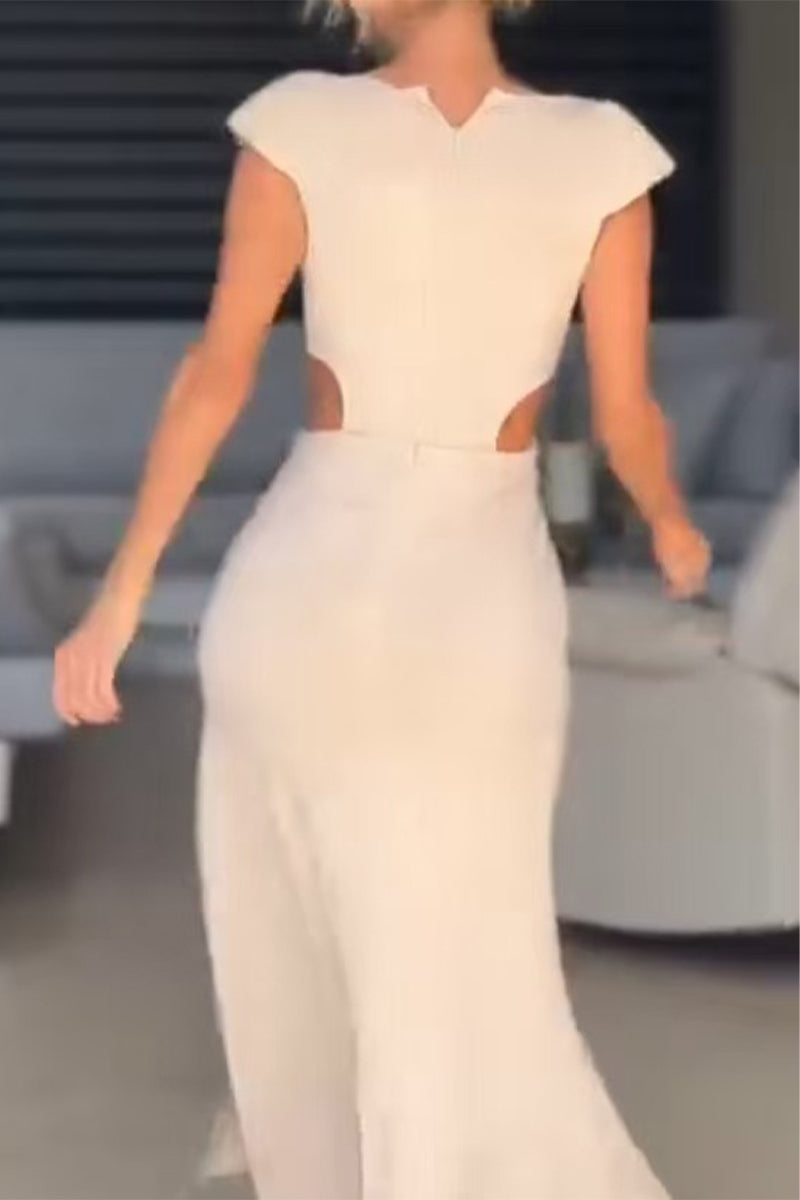 Deep V-Neck Cap Sleeve Ruched Rosette High Split Mermaid Gown - View 4