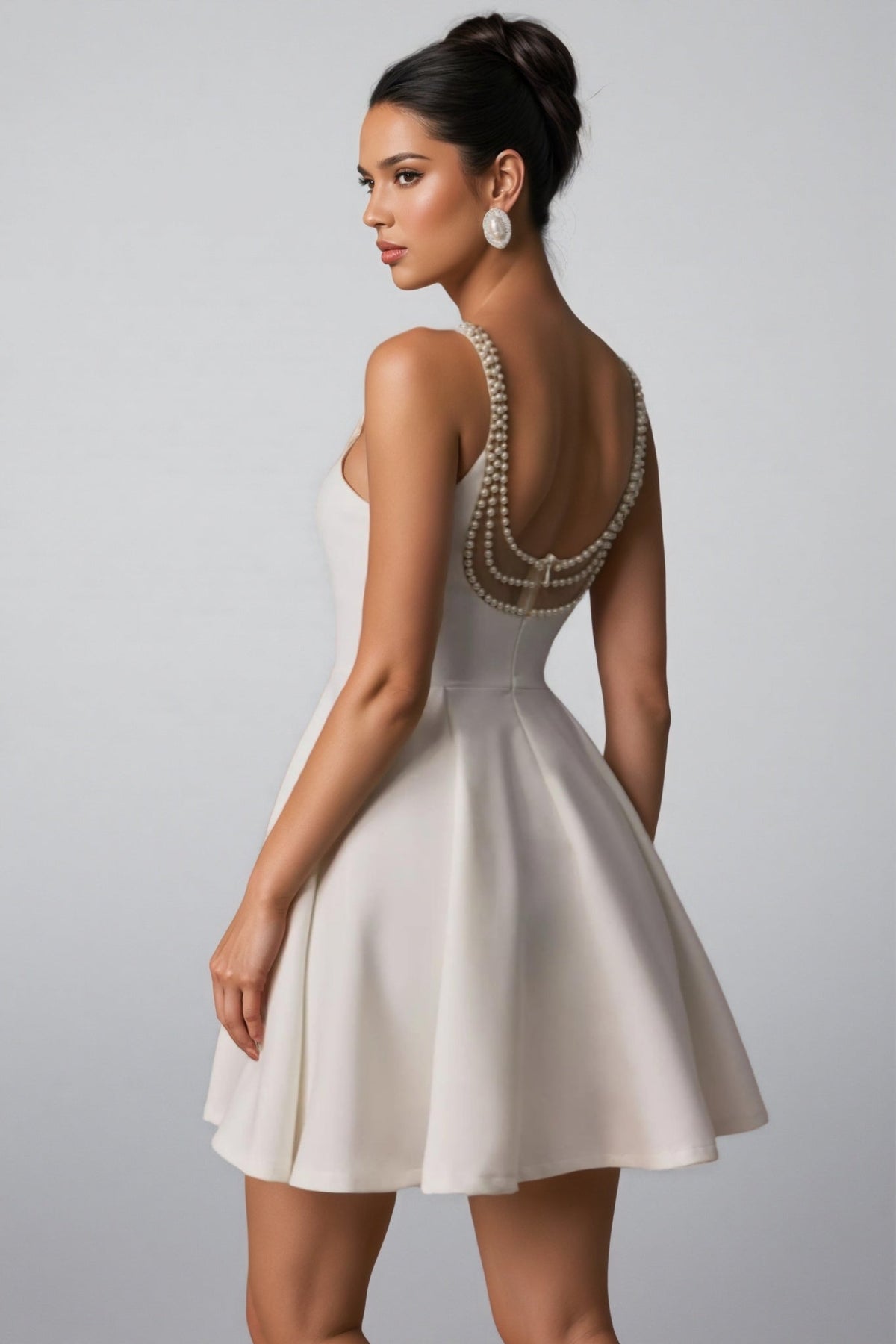 Pearl Embellished Round Neck Sleeveless Fit and Flare Mini Dress - View 6