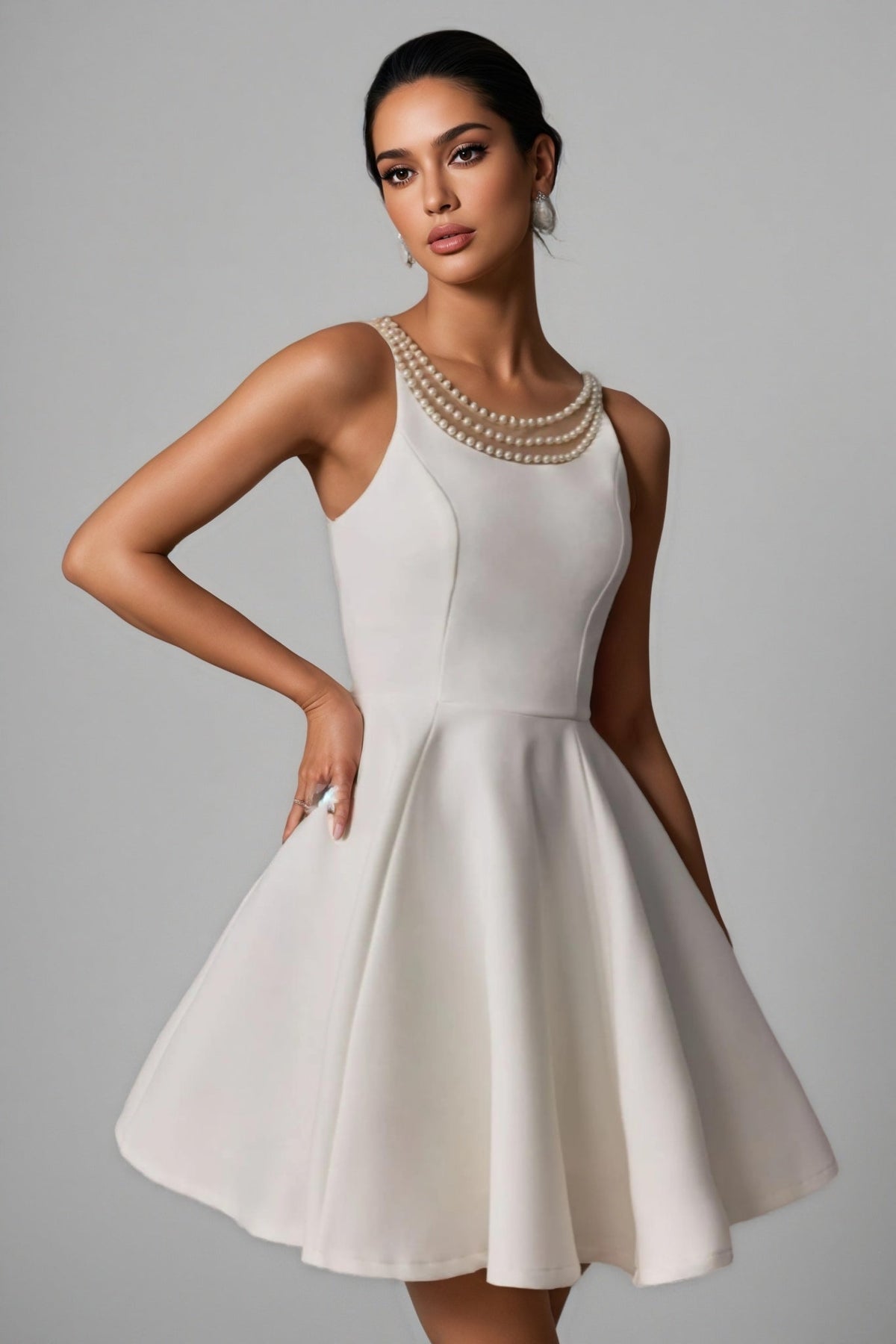 Pearl Embellished Round Neck Sleeveless Fit and Flare Mini Dress - View 5