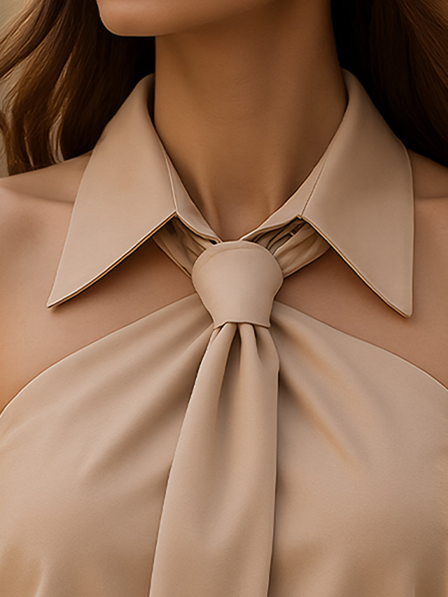 Collared Halter Neck Tie Front Sleeveless Satin Top 2