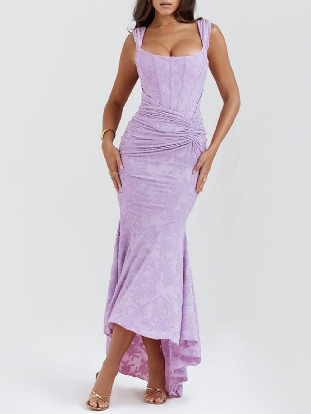 Square Neck Corset Bodice Lace High Low Fishtail Maxi Dress 22