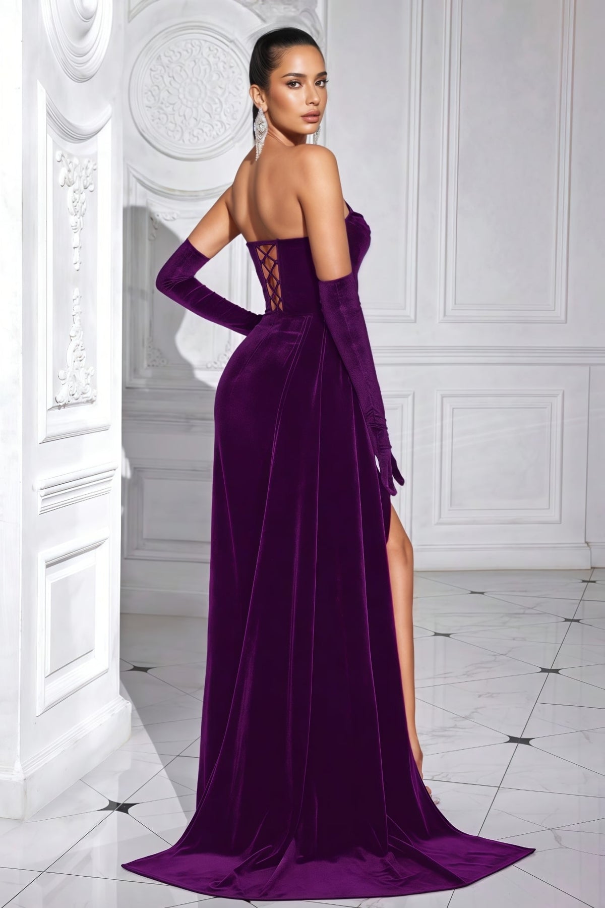 Paisley Purple Velvet Fishbone Maxi Dress - View 7