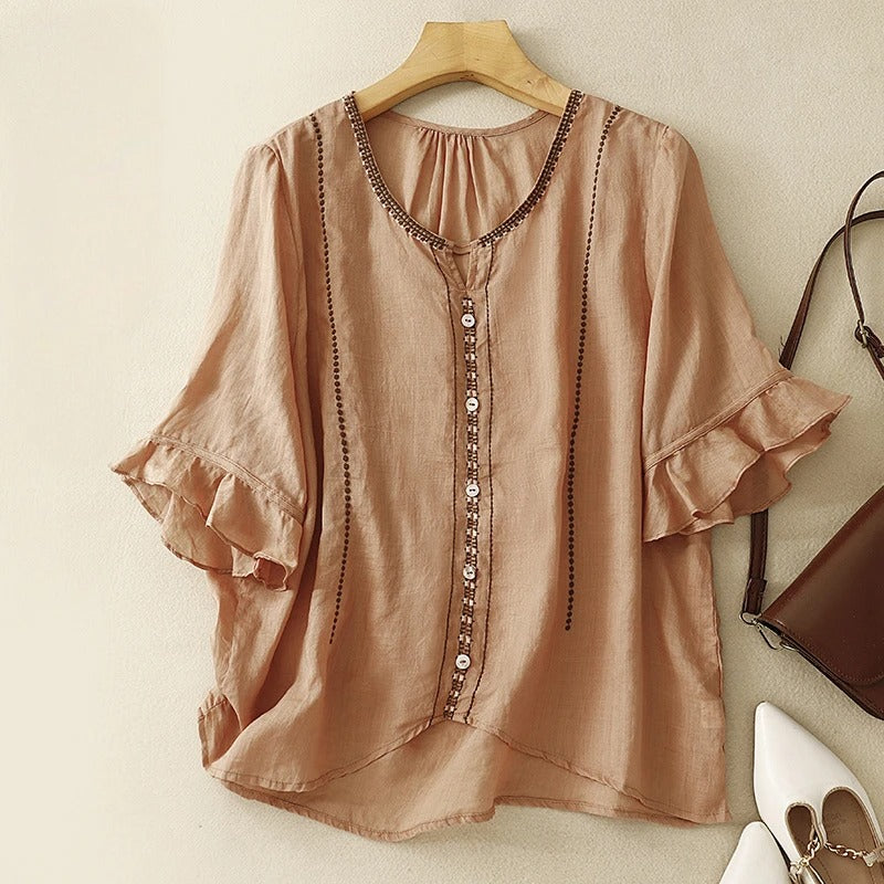 Embroidered Trim Tie Neck Ruffle Sleeve Blouse 5