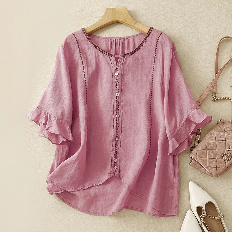 Embroidered Trim Tie Neck Ruffle Sleeve Blouse 6