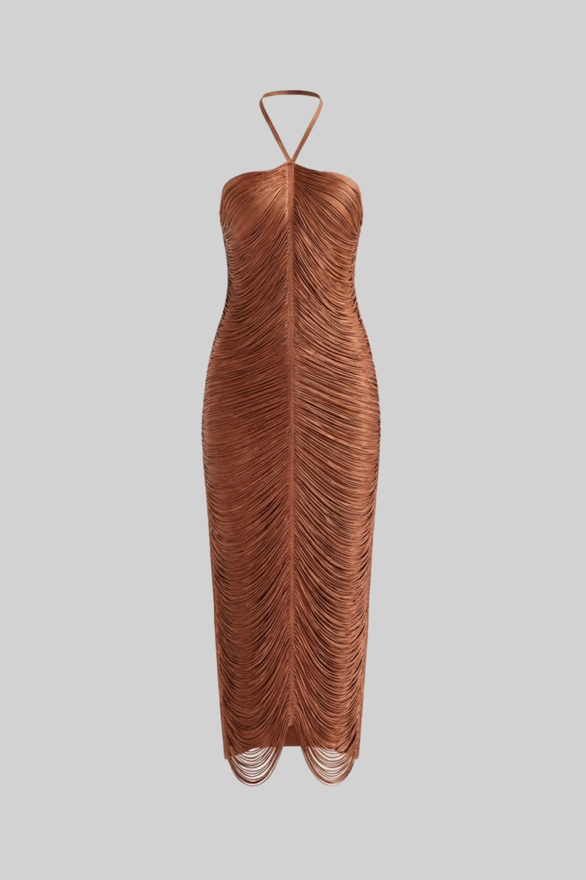 Halter Neck Midi Dress With All-Over Pleated Texture - Light Brown - View 2