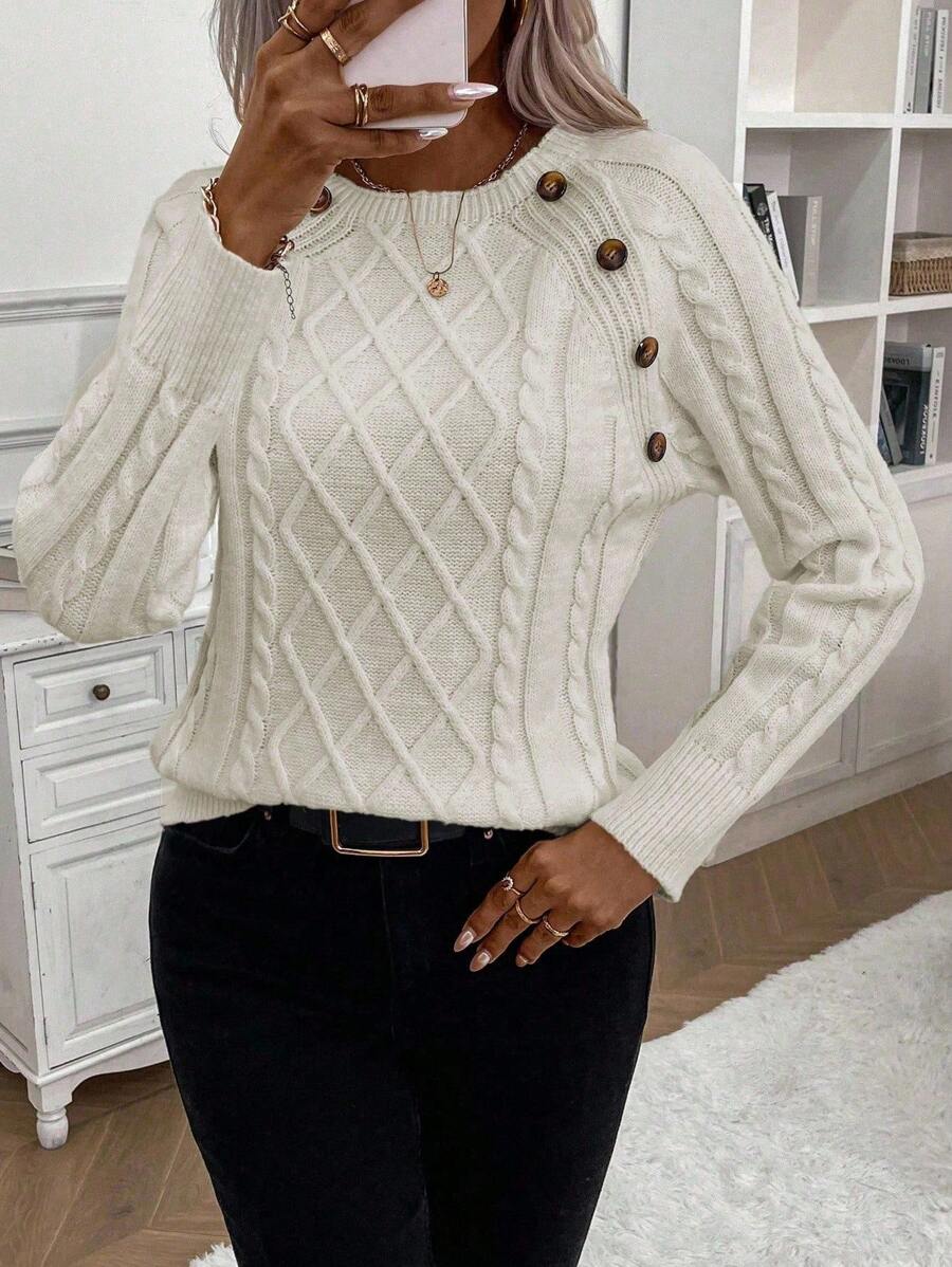 Crew Neck Button Detail Cable Knit Sweater 6