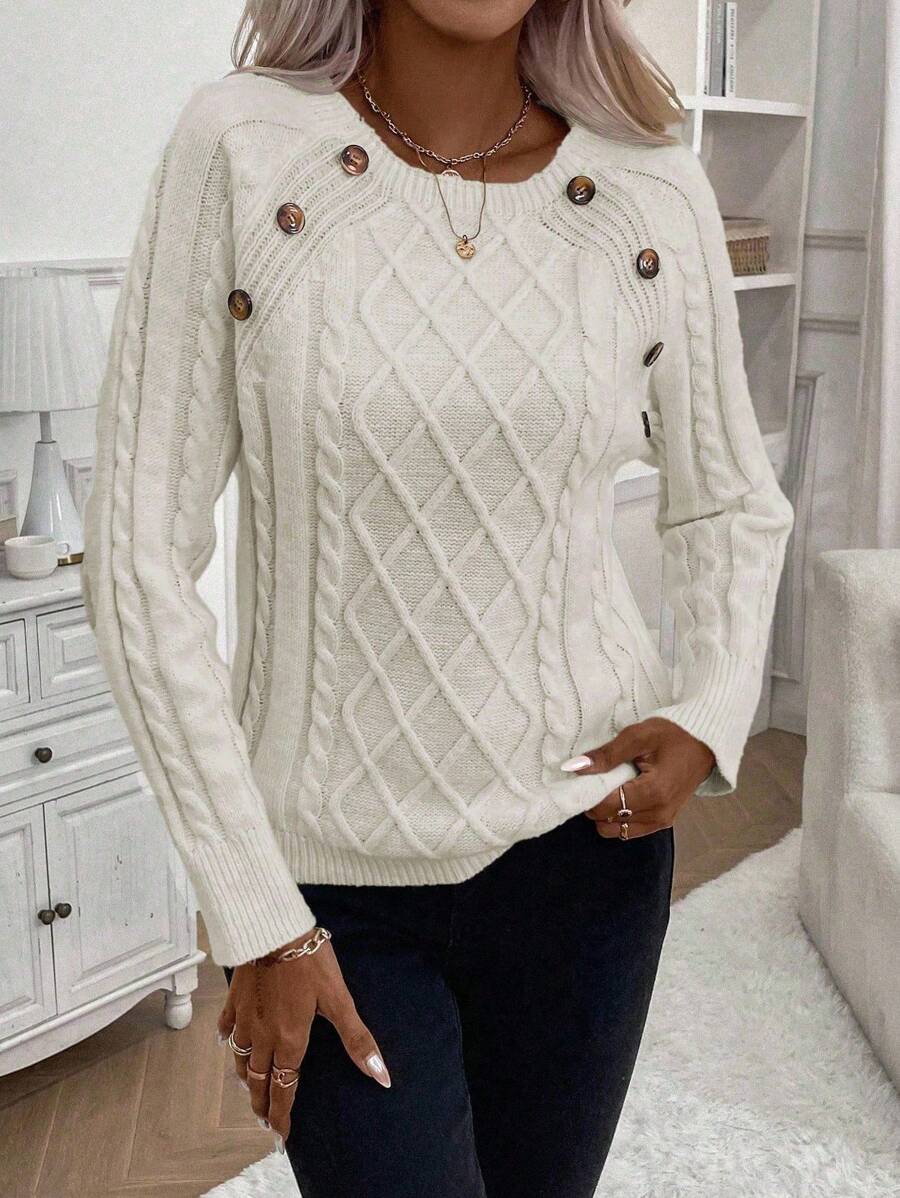 Crew Neck Button Detail Cable Knit Sweater 30