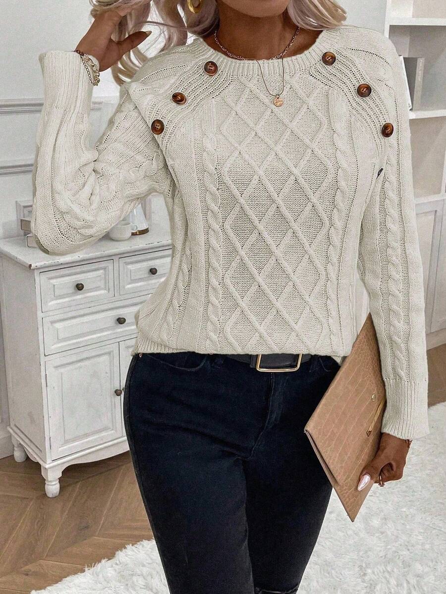Crew Neck Button Detail Cable Knit Sweater 32