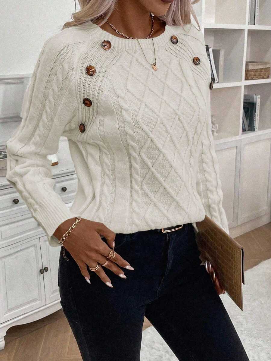 Crew Neck Button Detail Cable Knit Sweater 33