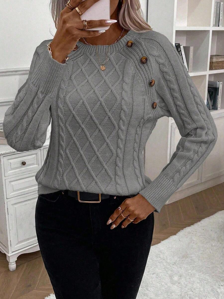 Crew Neck Button Detail Cable Knit Sweater 3