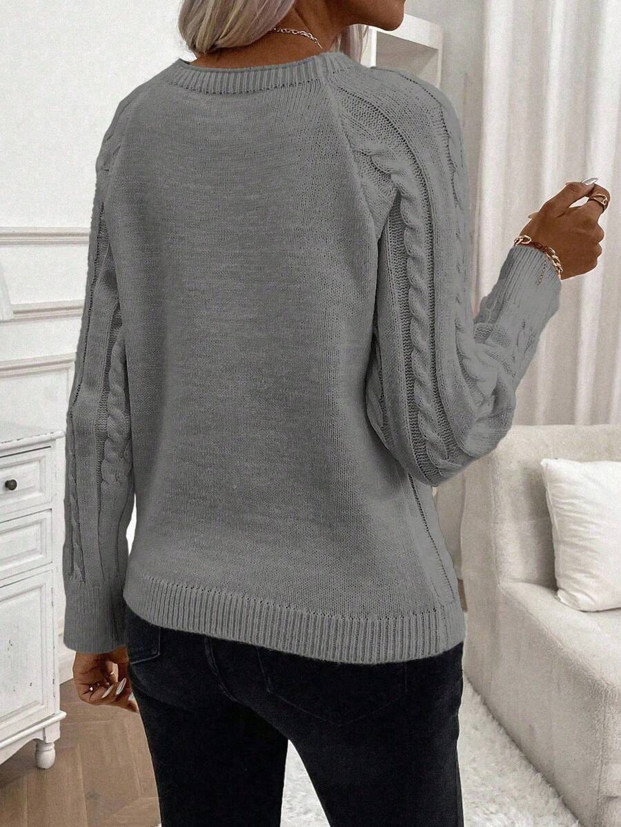 Crew Neck Button Detail Cable Knit Sweater 18