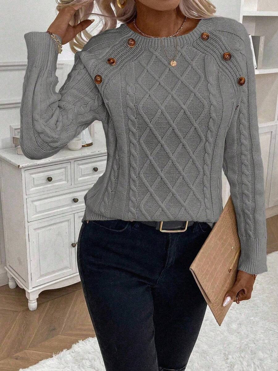 Crew Neck Button Detail Cable Knit Sweater 20