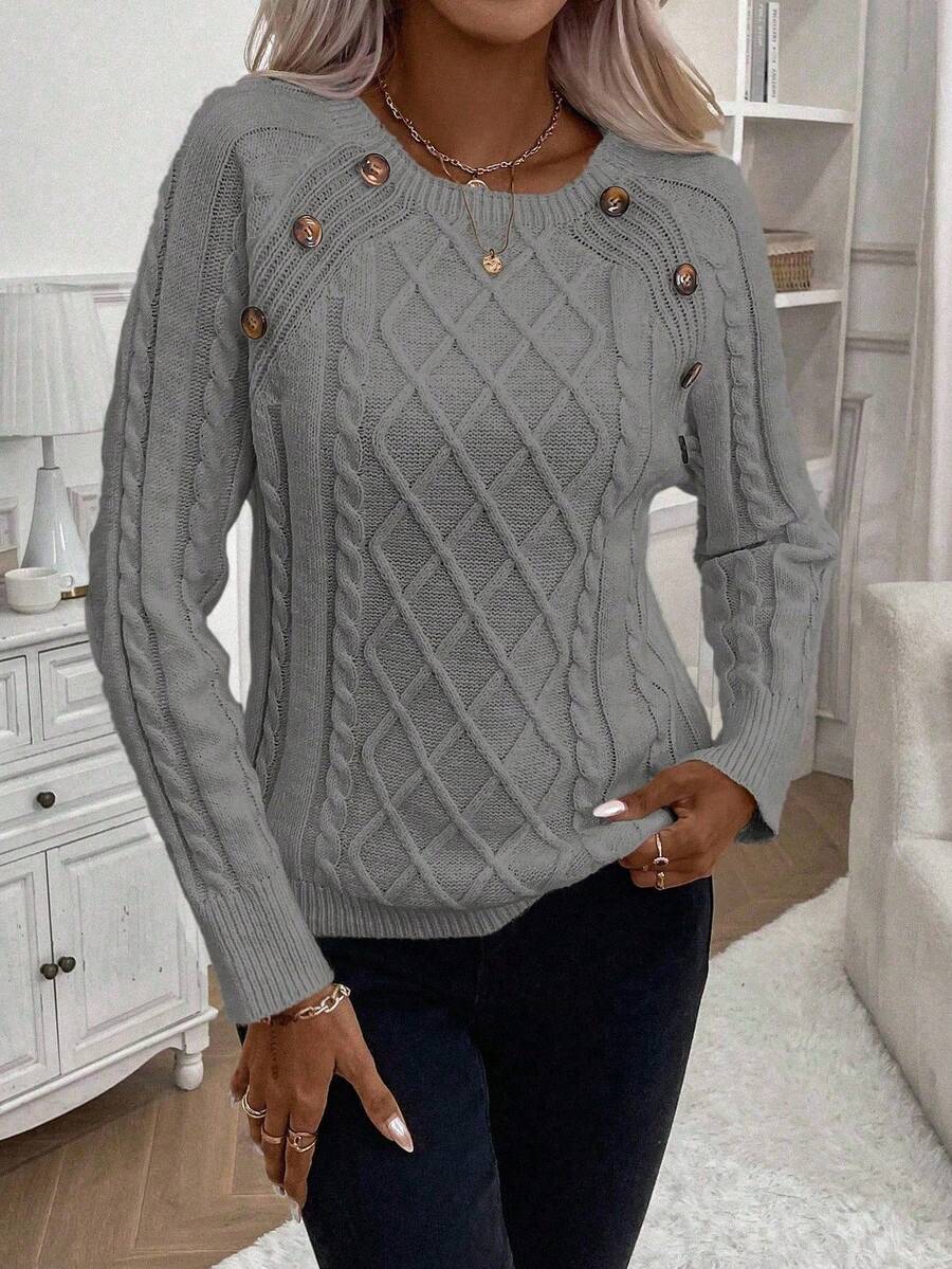 Crew Neck Button Detail Cable Knit Sweater 21