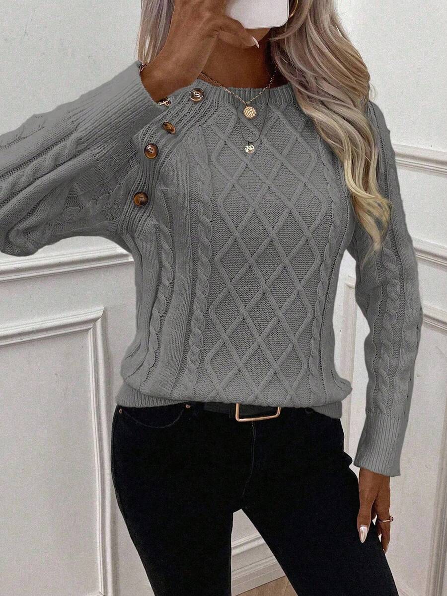 Crew Neck Button Detail Cable Knit Sweater 22