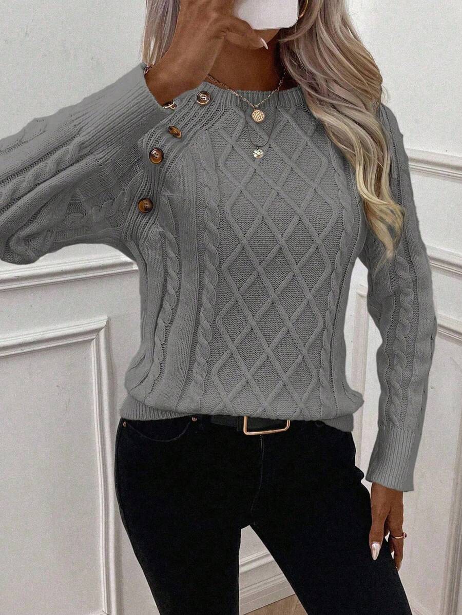 Crew Neck Button Detail Cable Knit Sweater 23