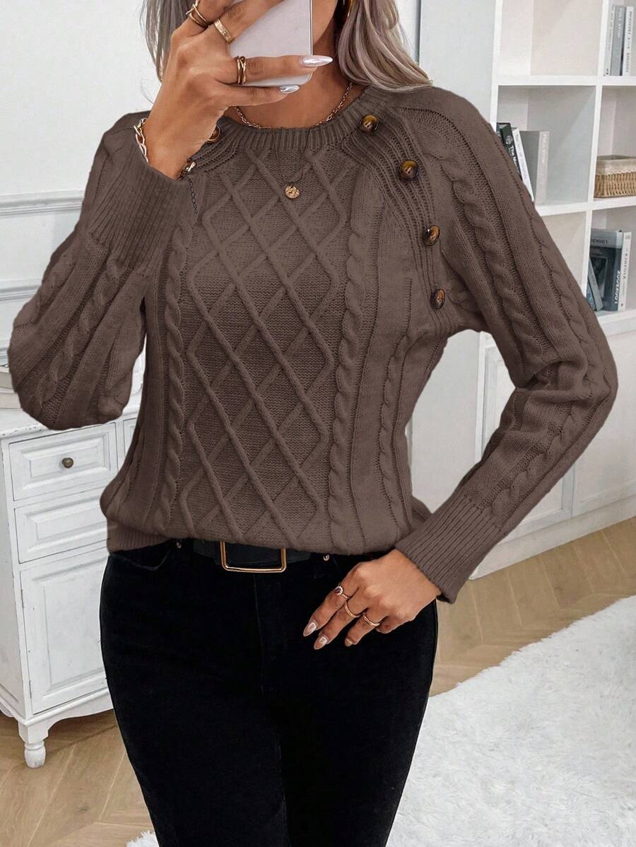 Crew Neck Button Detail Cable Knit Sweater 9