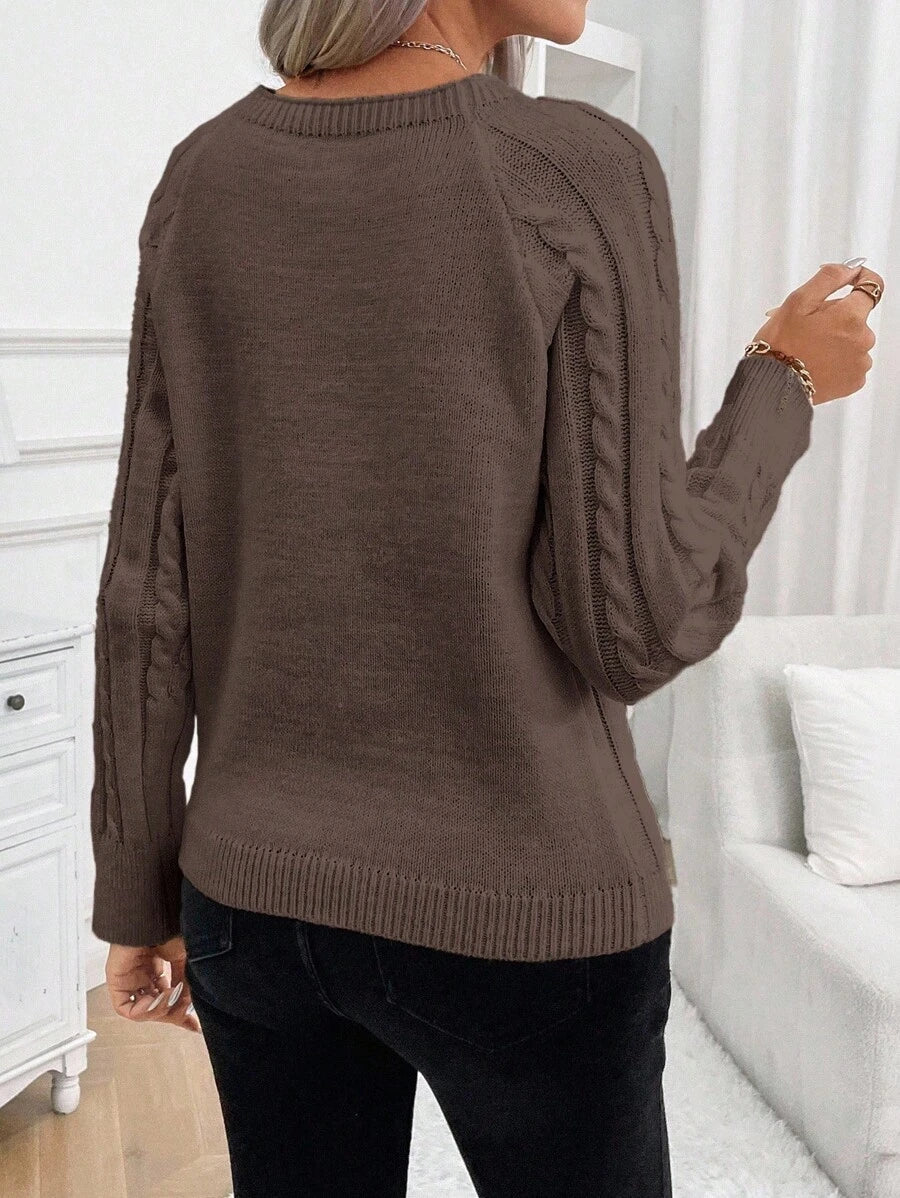 Crew Neck Button Detail Cable Knit Sweater 24