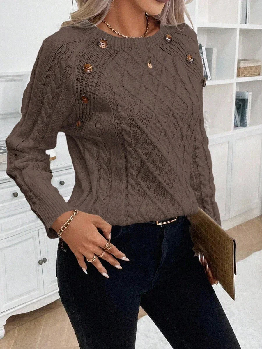 Crew Neck Button Detail Cable Knit Sweater 26