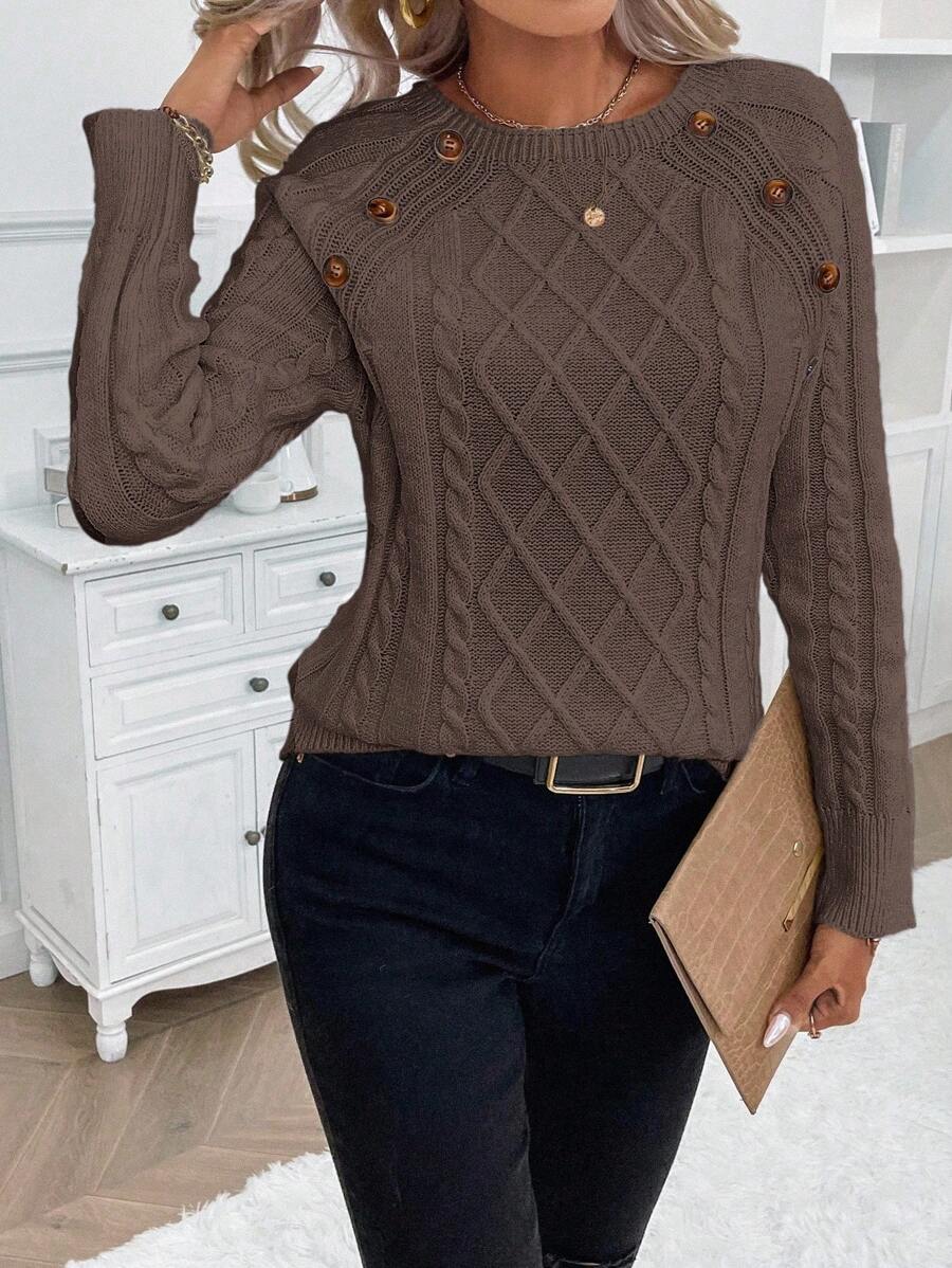 Crew Neck Button Detail Cable Knit Sweater 27