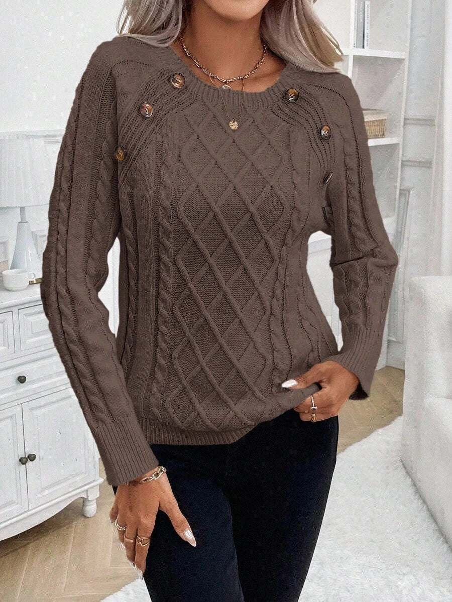 Crew Neck Button Detail Cable Knit Sweater 28
