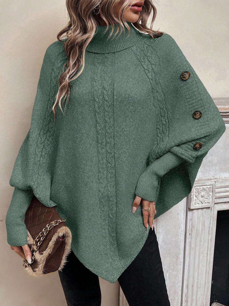 High Neck Cable Knit Button Detail Batwing Poncho Sweater 12