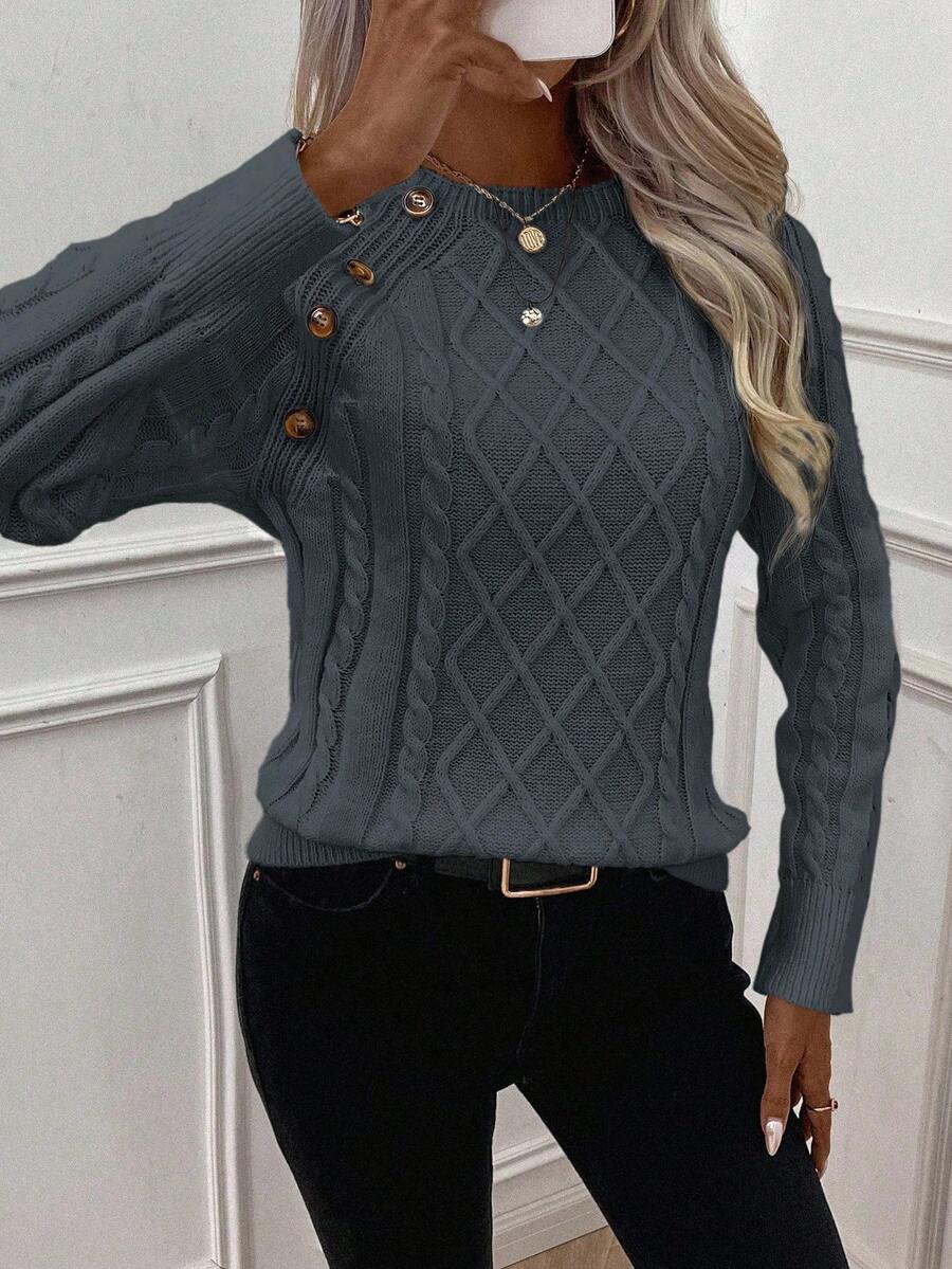 Crew Neck Button Detail Cable Knit Sweater 7