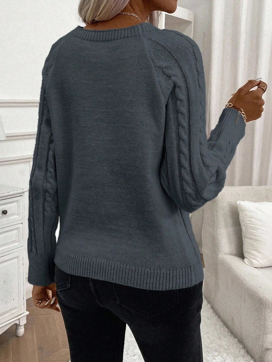 Crew Neck Button Detail Cable Knit Sweater 34