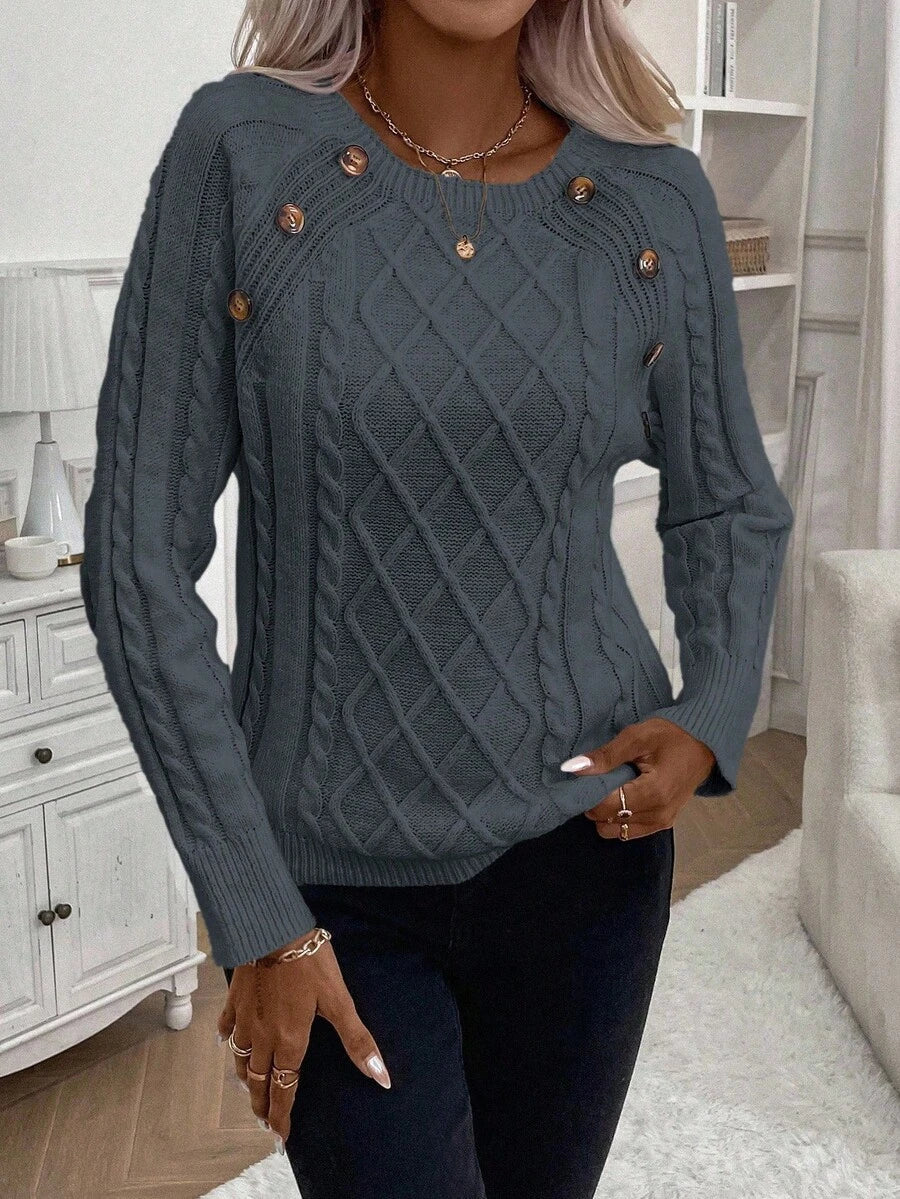 Crew Neck Button Detail Cable Knit Sweater 35
