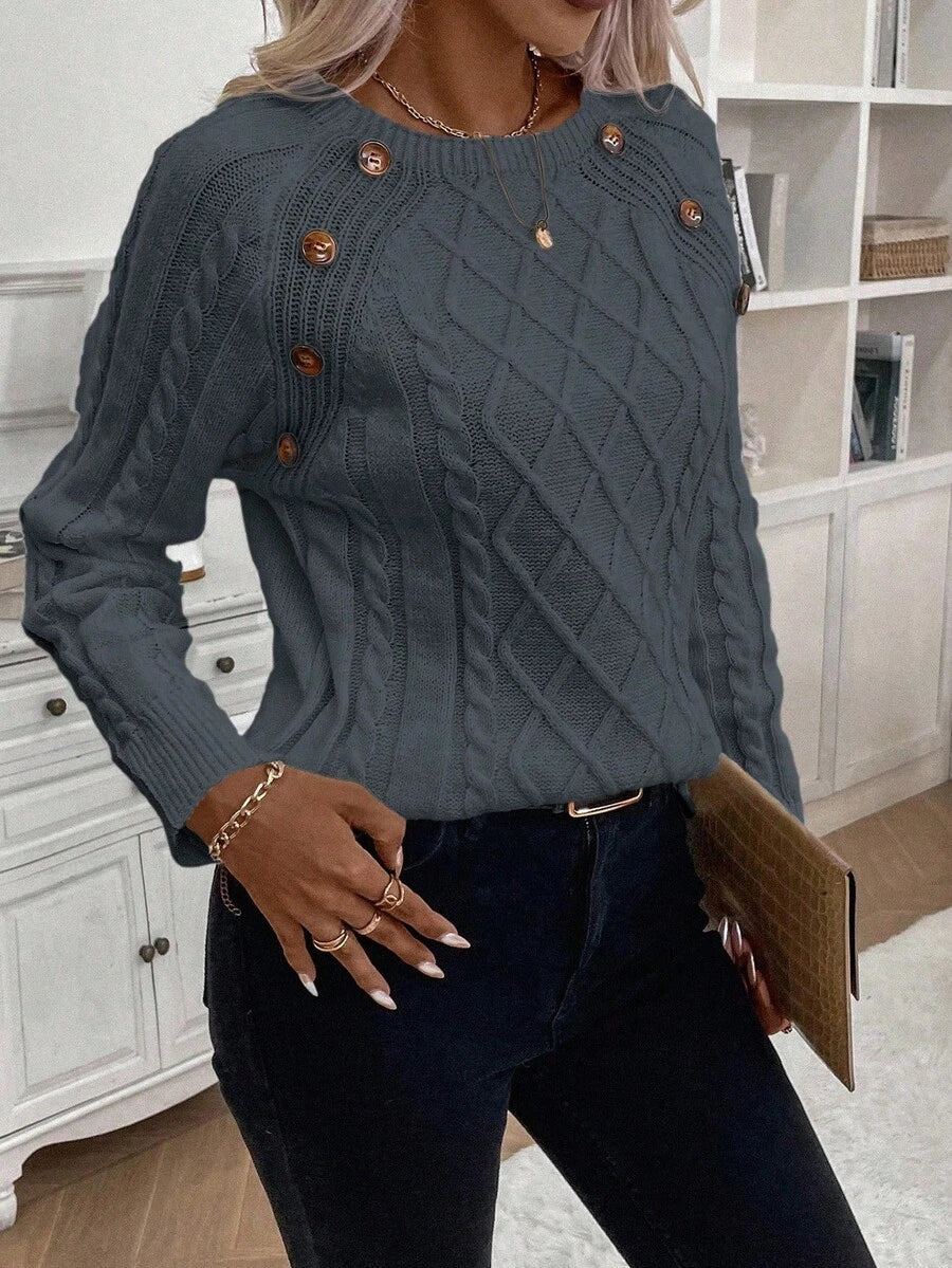 Crew Neck Button Detail Cable Knit Sweater 36