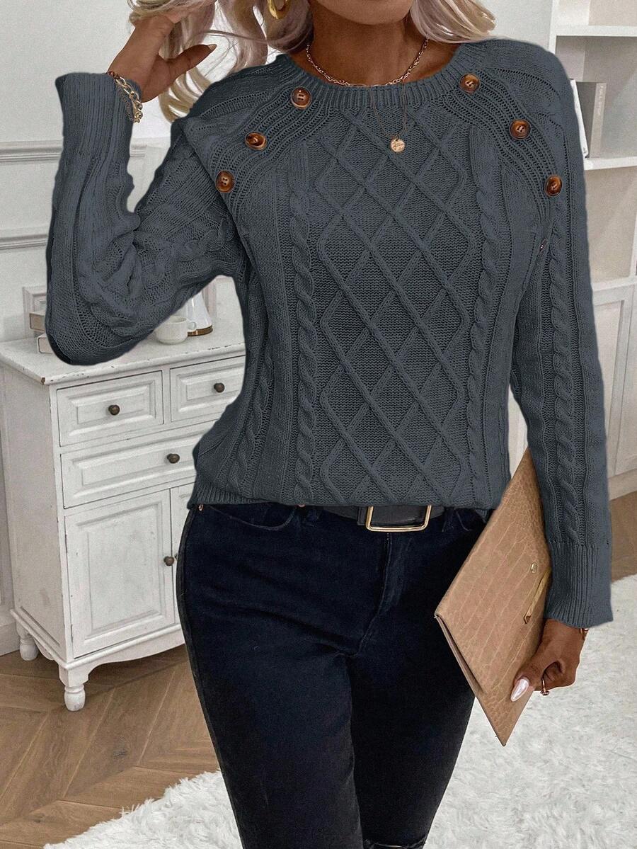Crew Neck Button Detail Cable Knit Sweater 38