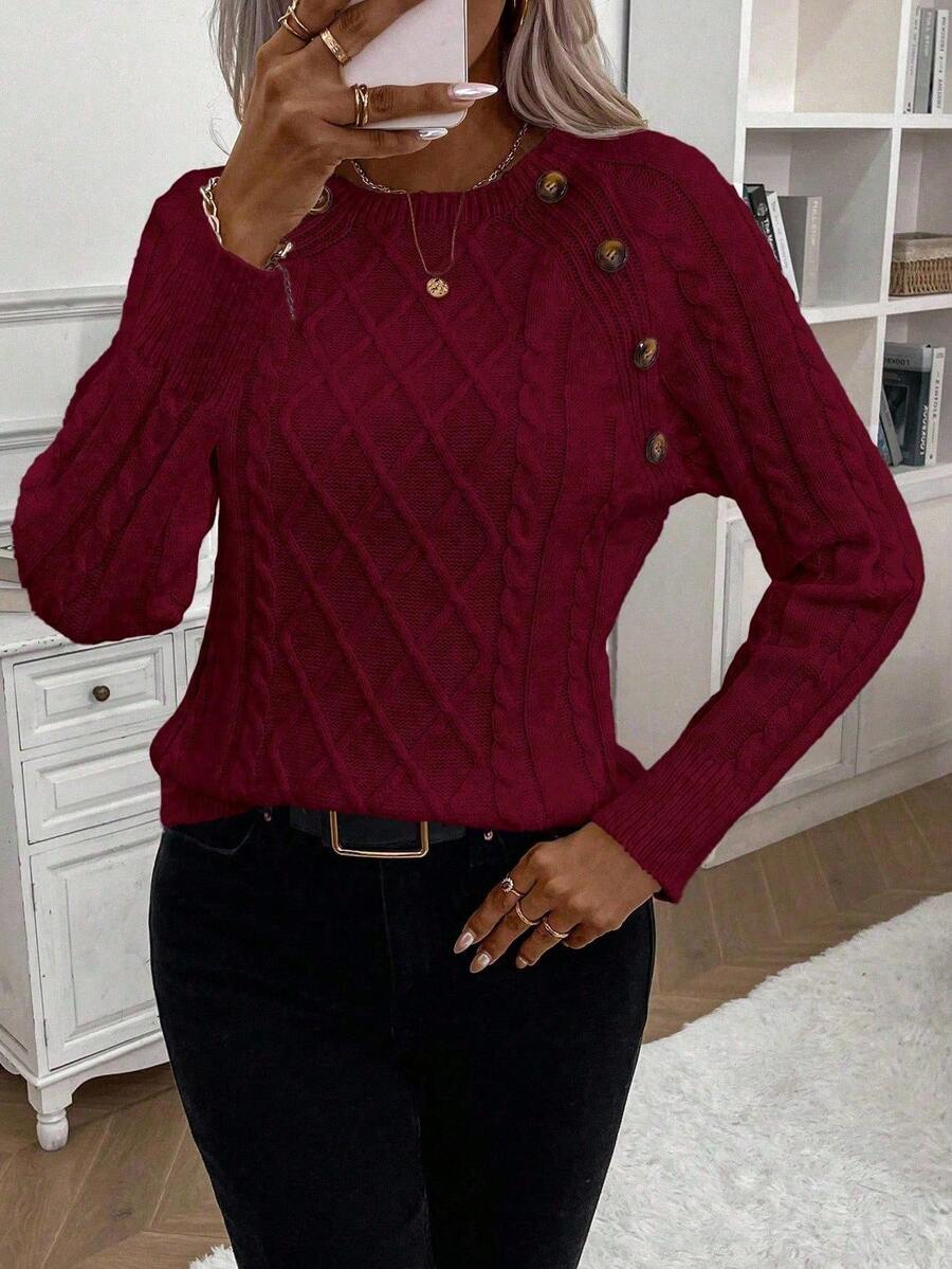 Crew Neck Button Detail Cable Knit Sweater 4