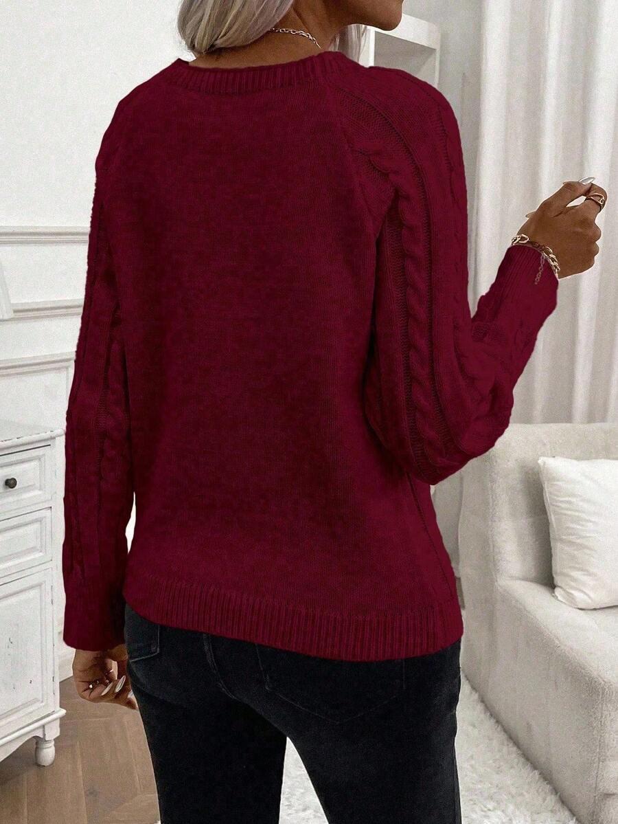 Crew Neck Button Detail Cable Knit Sweater 44
