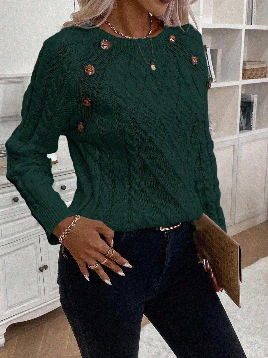Crew Neck Button Detail Cable Knit Sweater 40