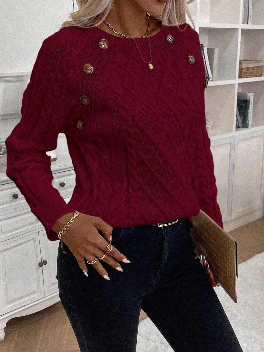 Crew Neck Button Detail Cable Knit Sweater 45