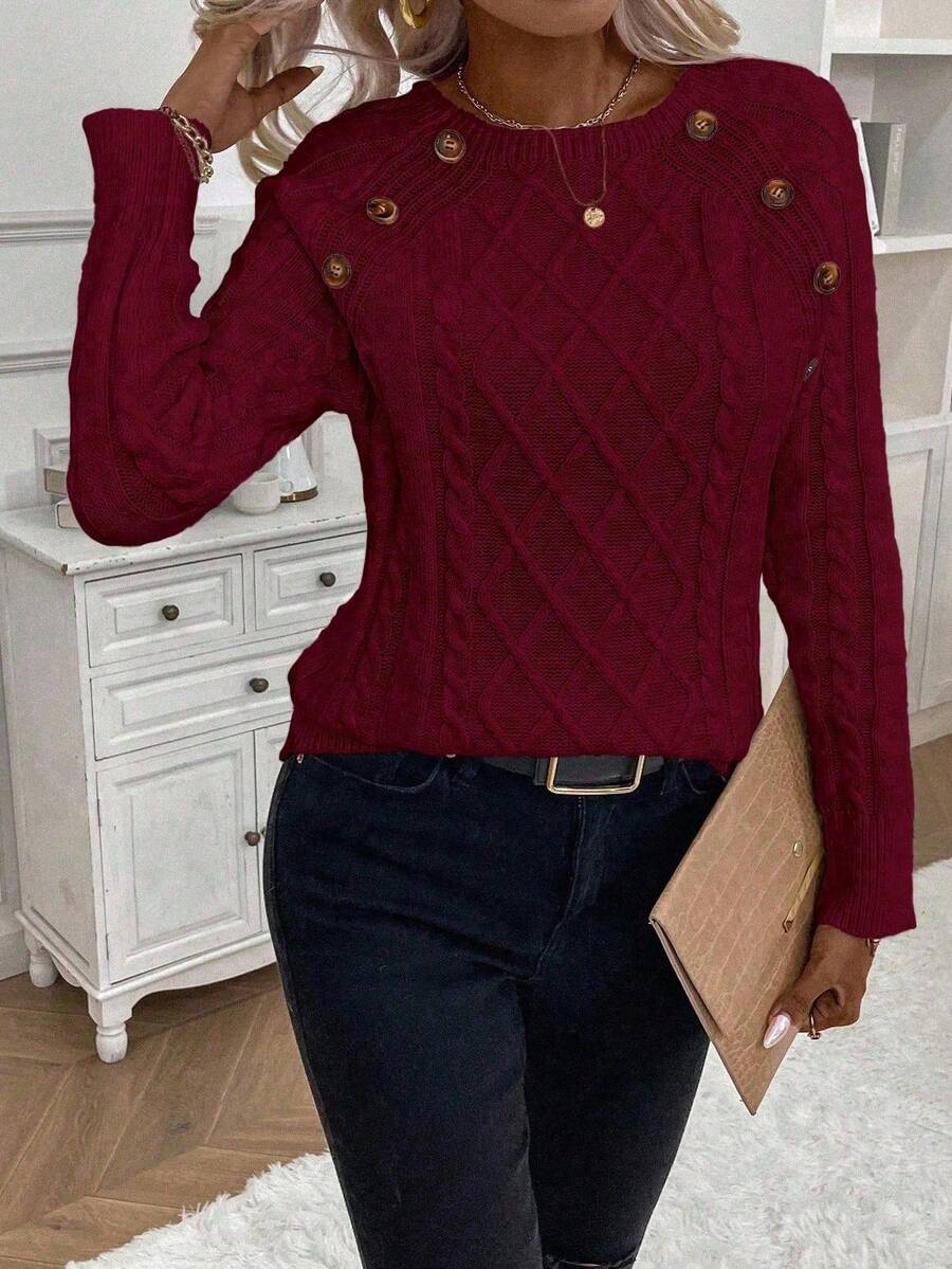 Crew Neck Button Detail Cable Knit Sweater 46