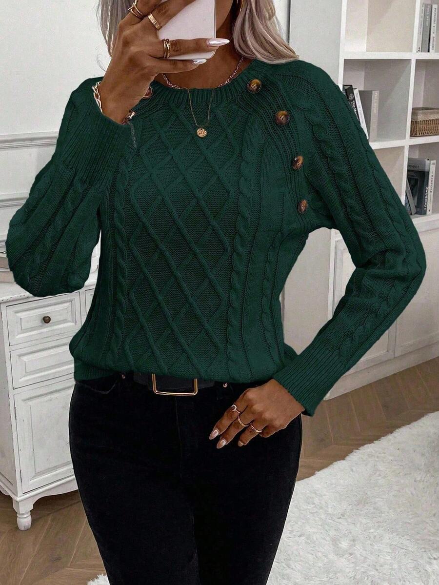 Crew Neck Button Detail Cable Knit Sweater 8