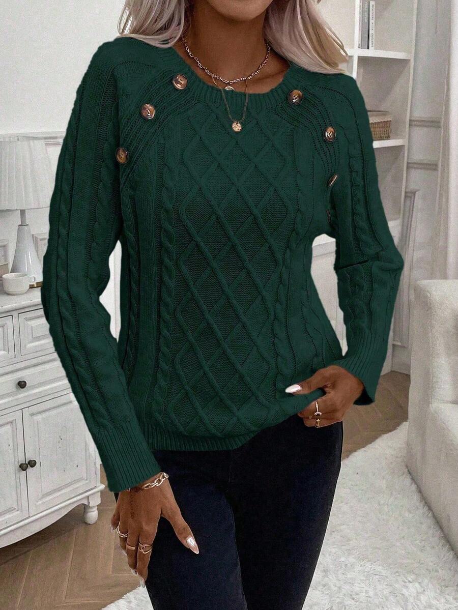 Crew Neck Button Detail Cable Knit Sweater 42
