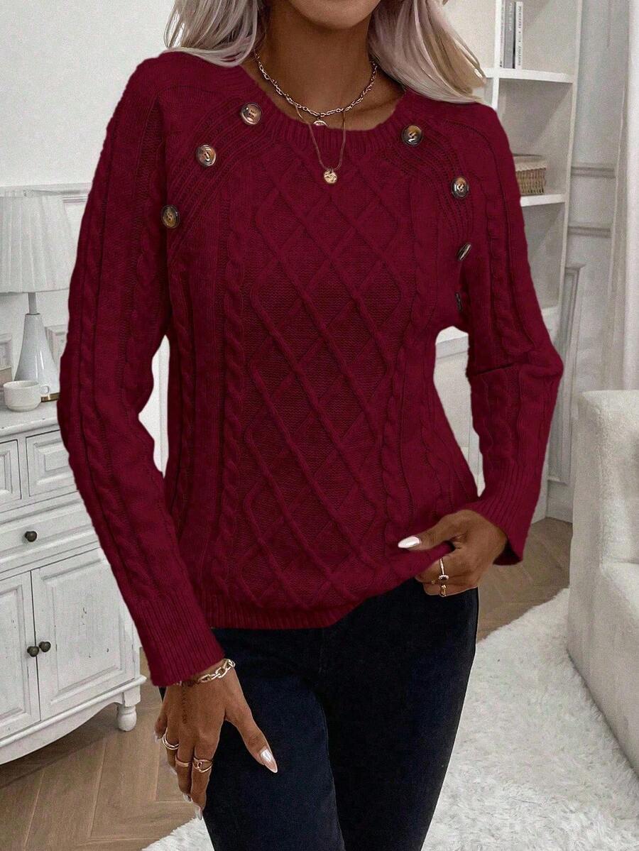 Crew Neck Button Detail Cable Knit Sweater 47