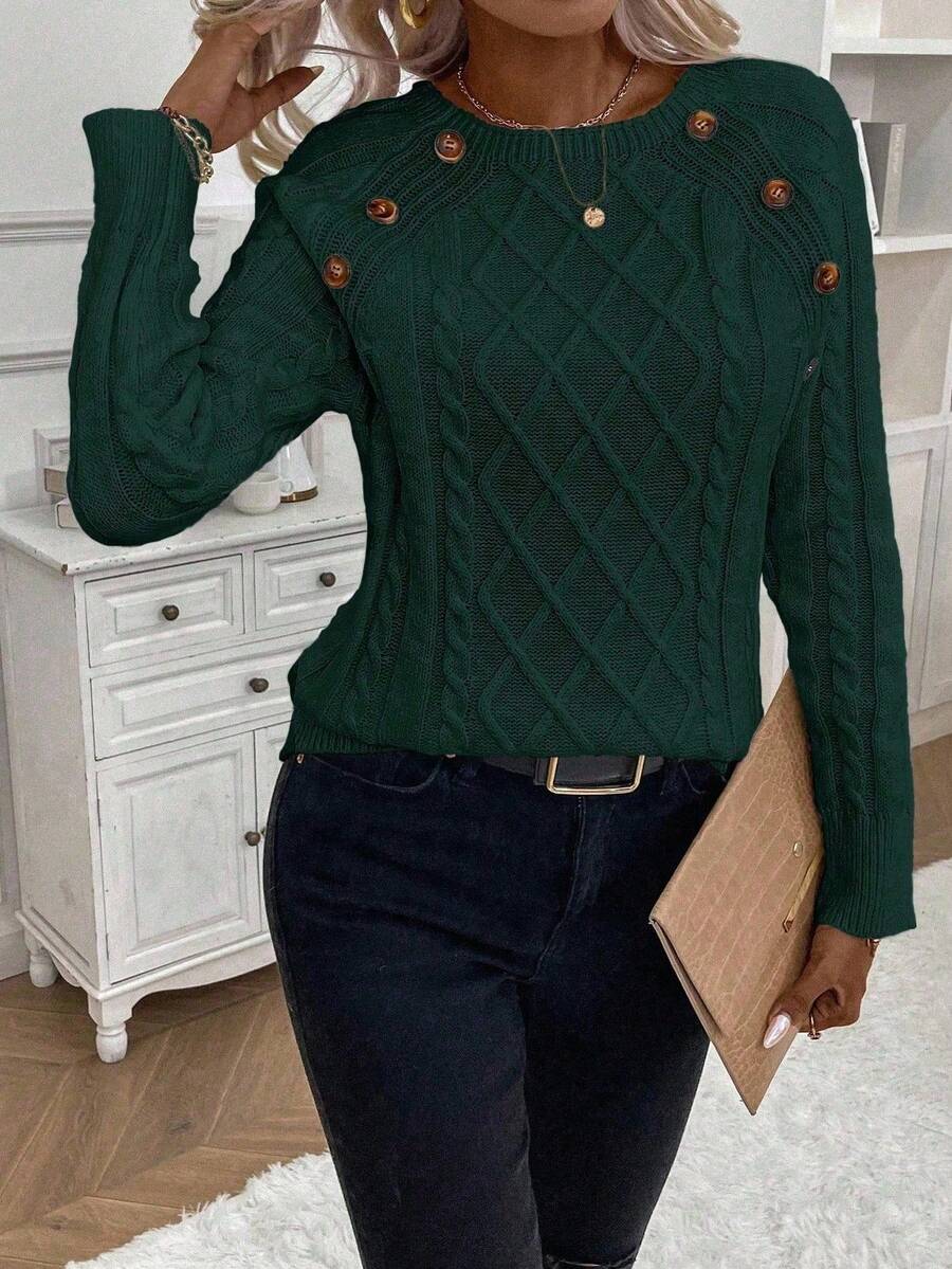 Crew Neck Button Detail Cable Knit Sweater 43