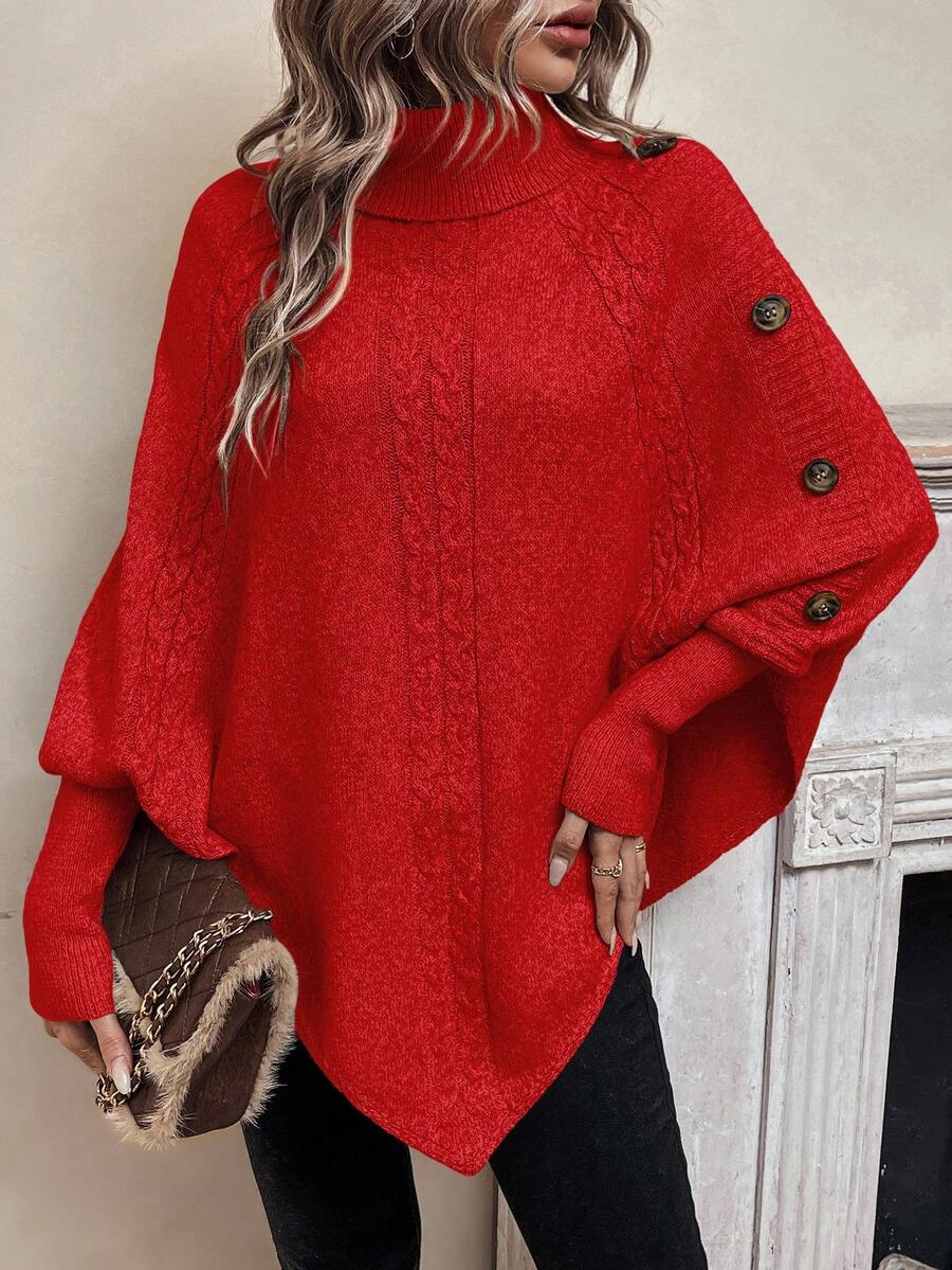 High Neck Cable Knit Button Detail Batwing Poncho Sweater 11