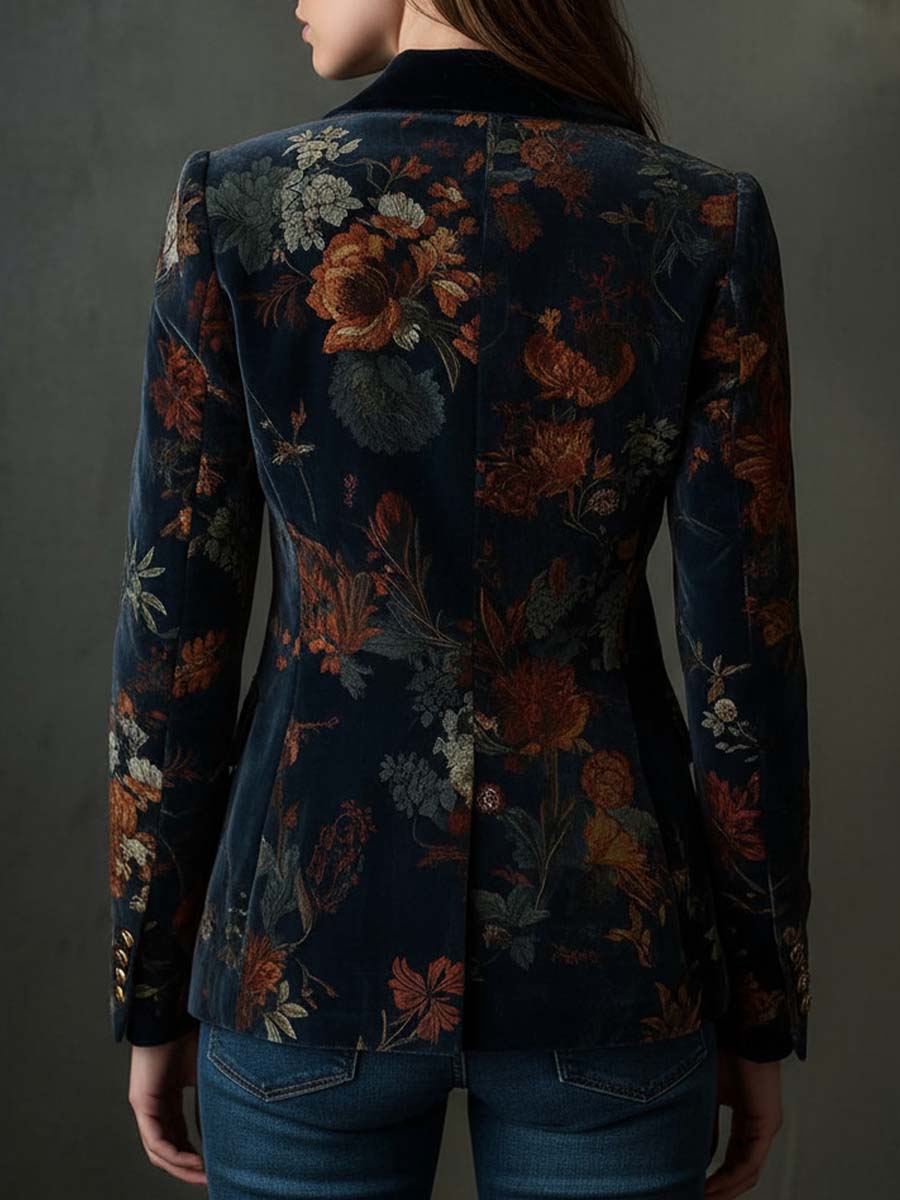 Floral Print Peak Lapel Single Button Velvet Blazer 4