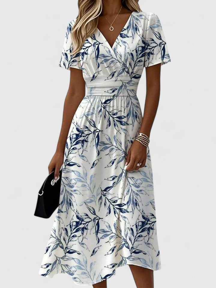 Leaf Print V-Neck Flutter Sleeve Wrap Waist Midi Dress 2