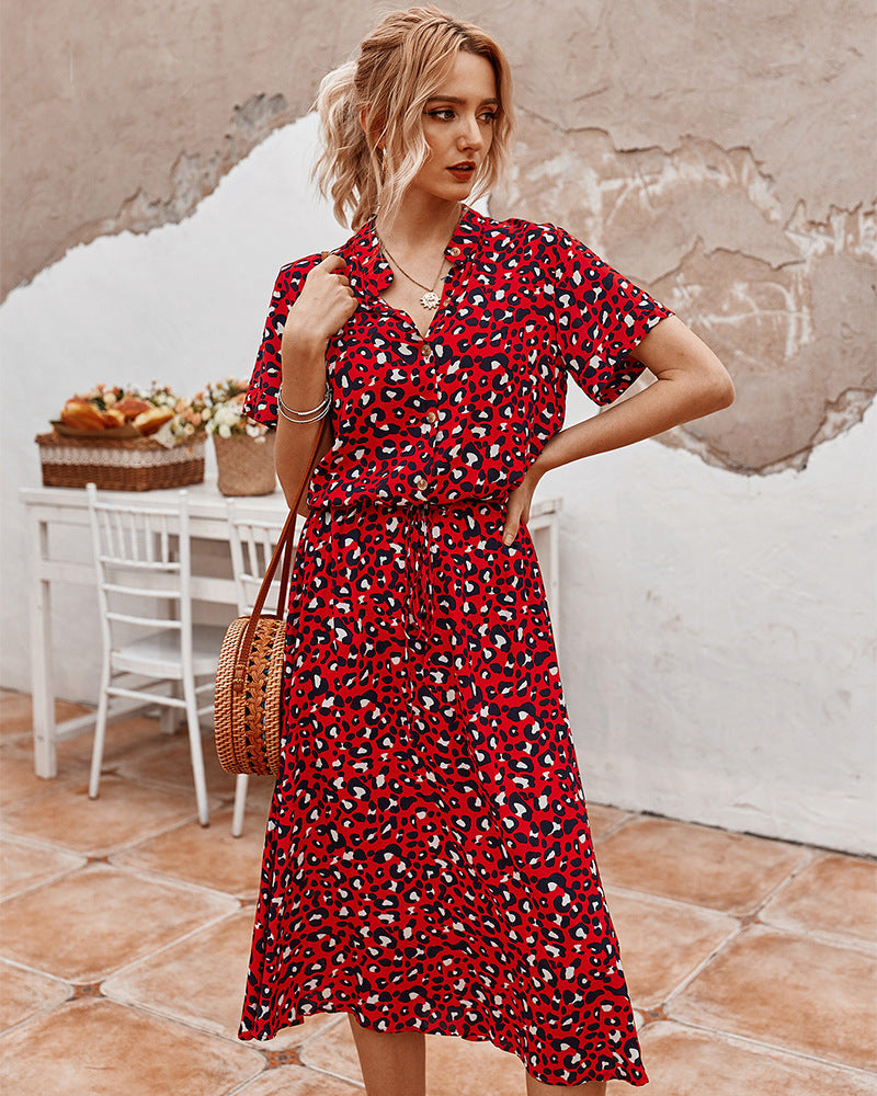Polka Dot Print V-Neck Button Down Drawstring Waist Shirt Midi Dress - View 3