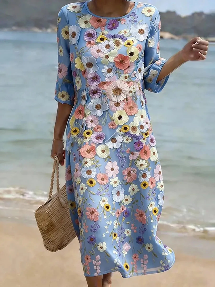 Floral Print Round Neck Half Sleeve Midi Dress